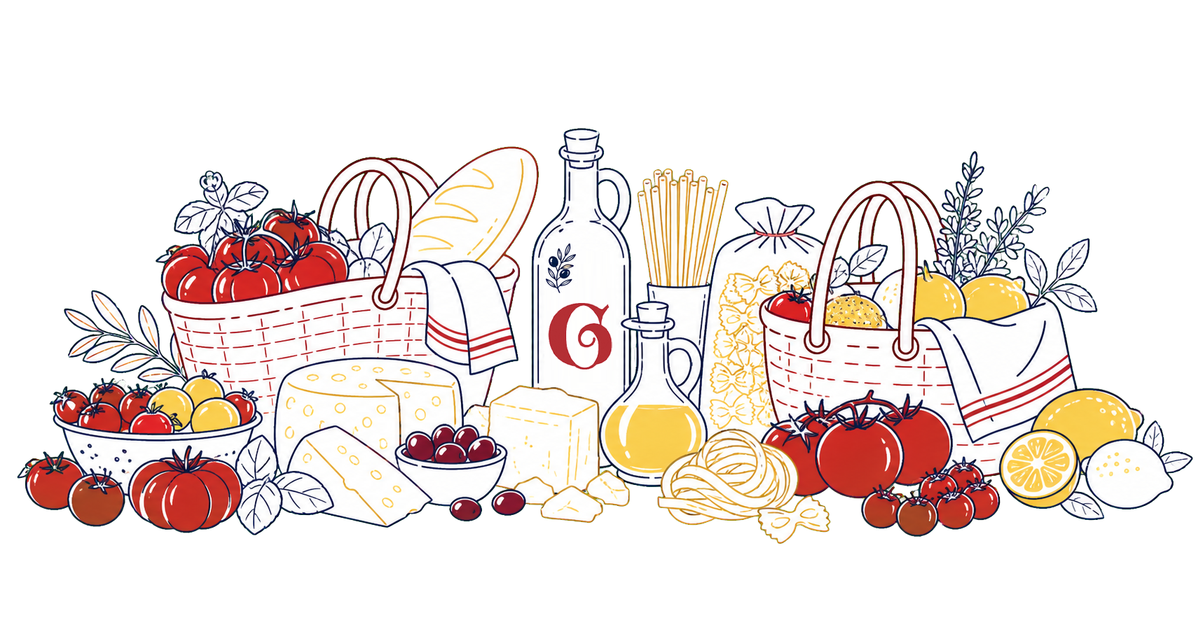 Line illustration of Italian market ingredients, bread, cheese, pasta and produce