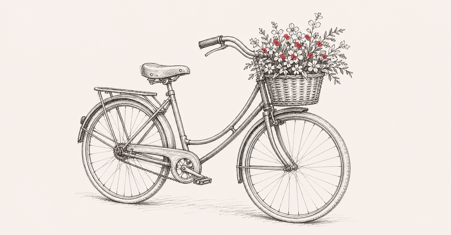 Hand-drawn vintage bicycle with a flower basket